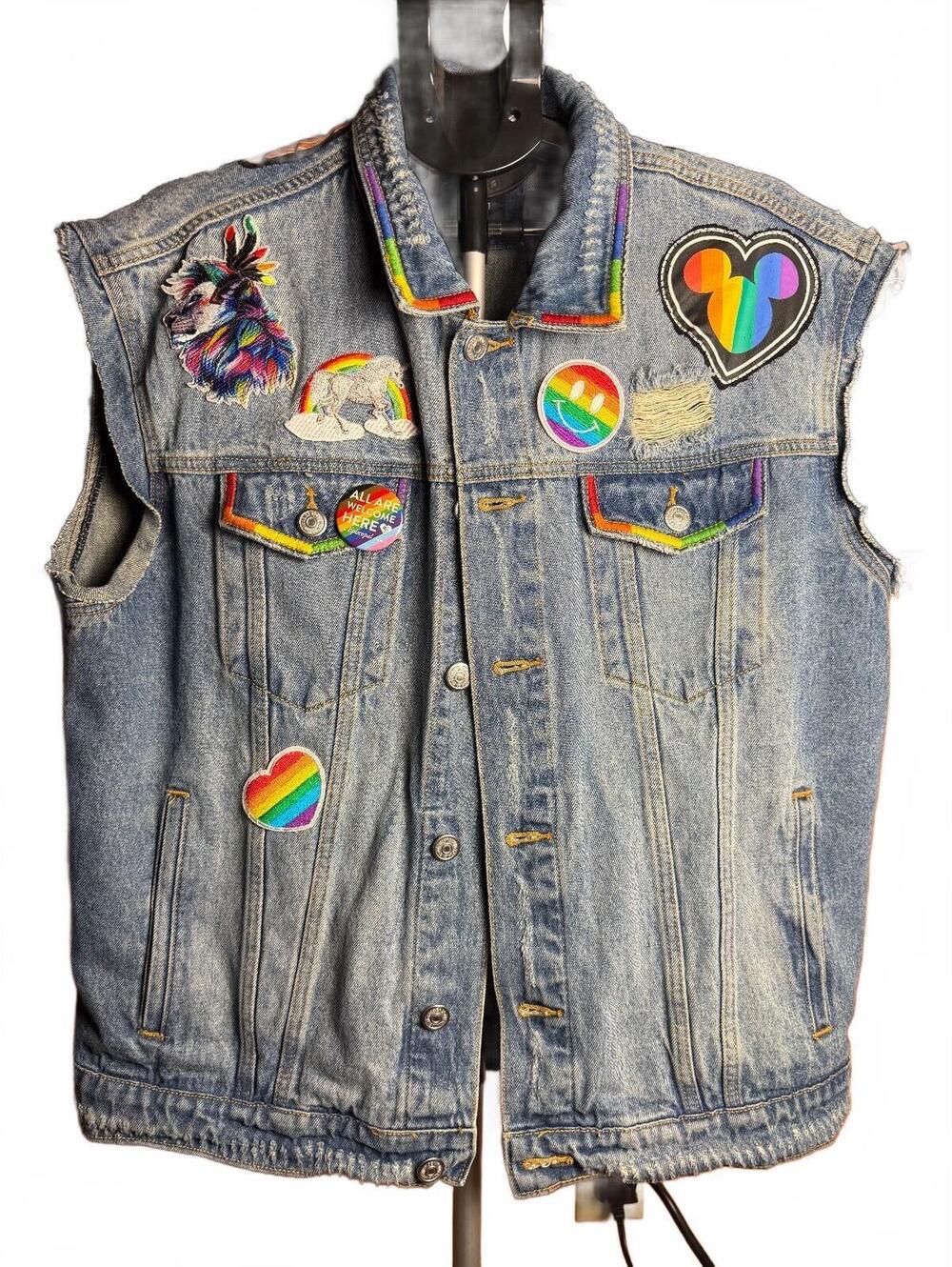 Forever 21 Custom Rainbow Pride Denim Vest sz XL lion bulldog patches mickey
